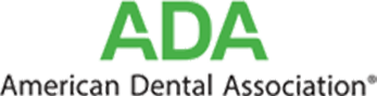 The image shows a logo with text that reads  ADA  in bold letters above a smaller line of text that says  AMERICAN DENTAL ASSOCIATION.  The logo is stylized with a green and white color scheme, featuring a leaf-like design on the left side.