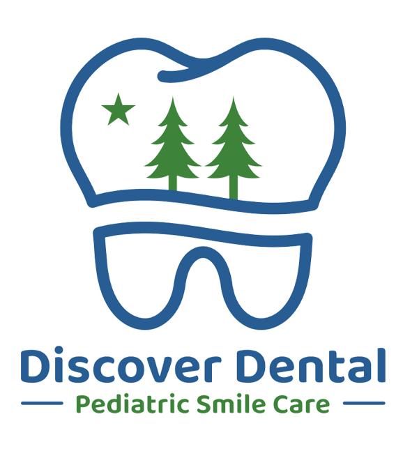 The image displays a logo featuring a stylized tooth with sunglasses and a smile, set against a background that includes a green tree and a star. Below the tooth, there s text that reads  DISCOVER DENTAL  and  PEDiatric Smile Care.